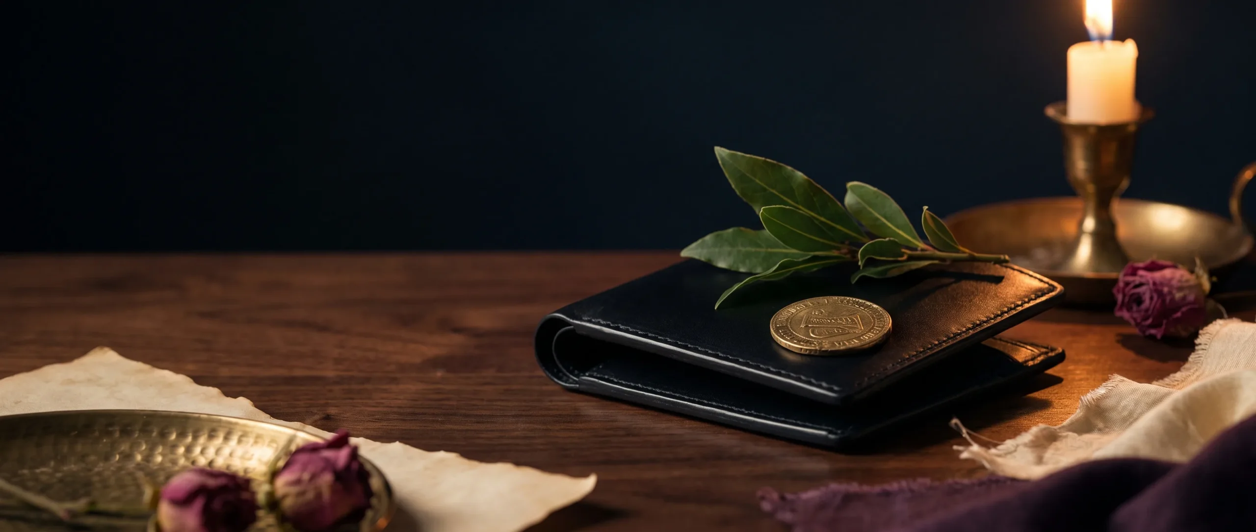 - A new black leather wallet on dark wood with a gold coin and a sprig of green leaves resting on top, in warm light.