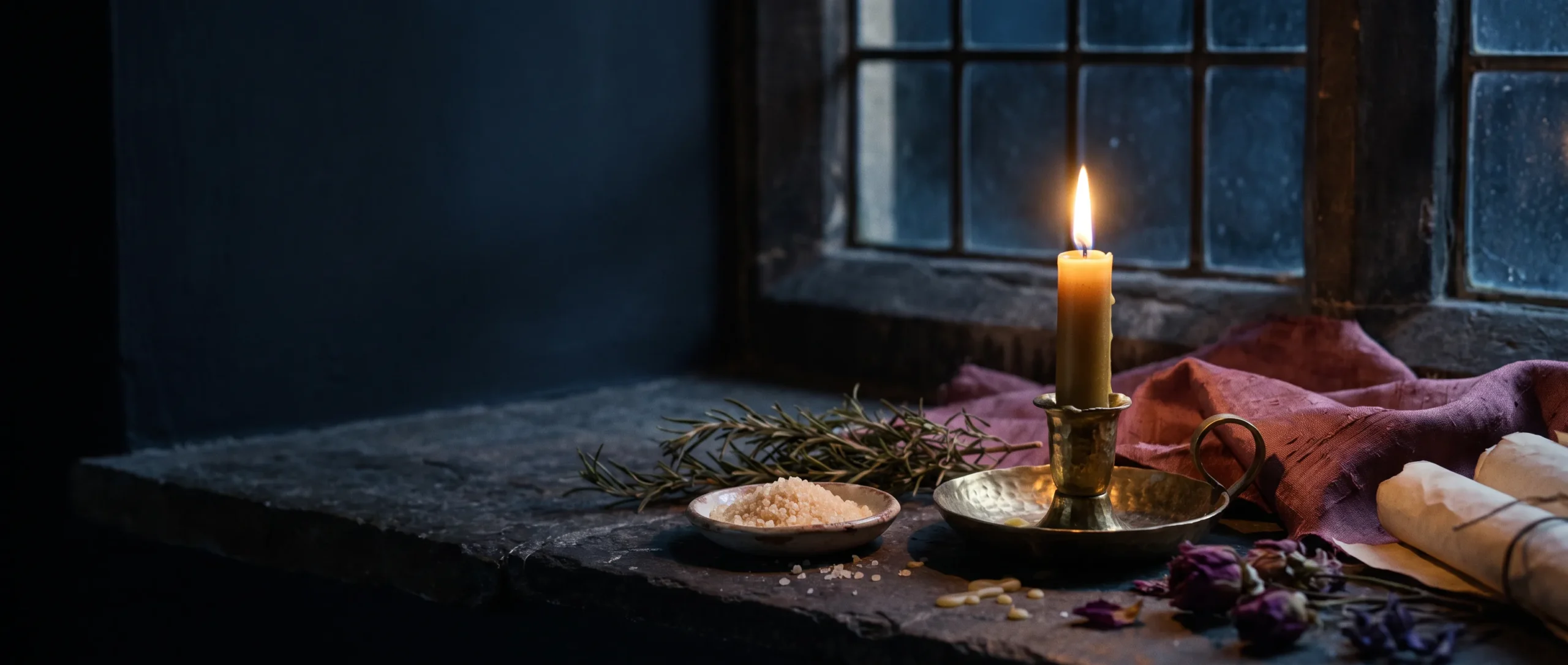 A lit candle on a stone windowsill at dusk, with a dish of salt and a sprig of rosemary, blue evening light behind.