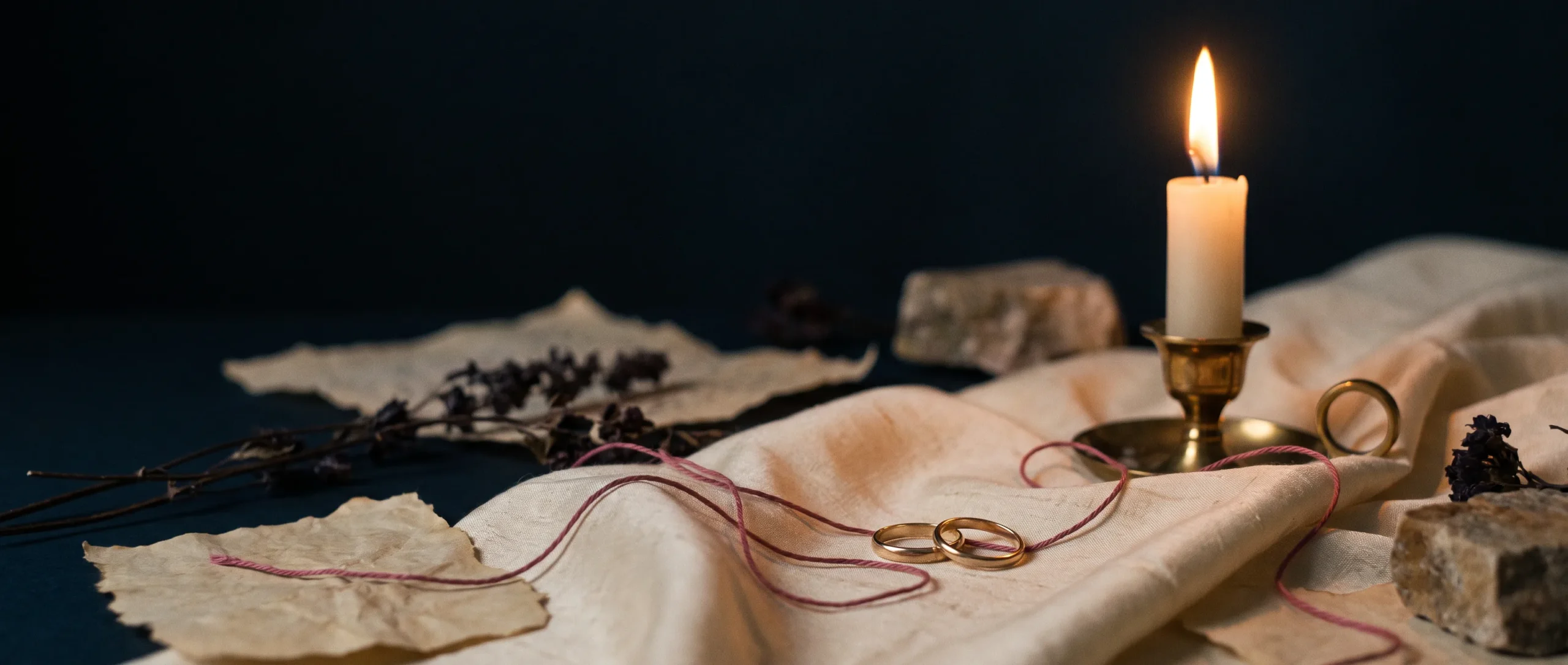 Two thin gold rings a small distance apart on ivory silk, joined by a fine red thread, beside a low candle.