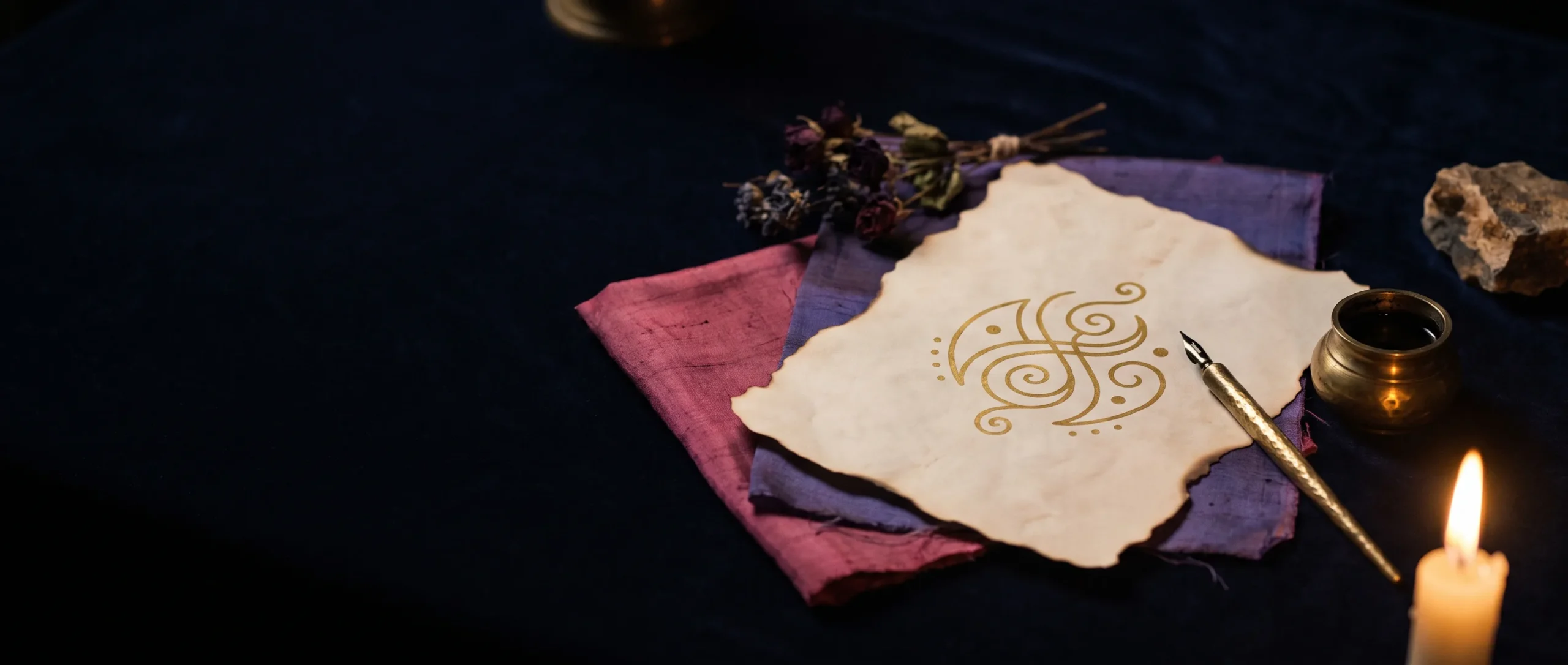 A hand-drawn gold sigil on aged parchment with a dip pen and ink pot, one corner beginning to singe from a candle.