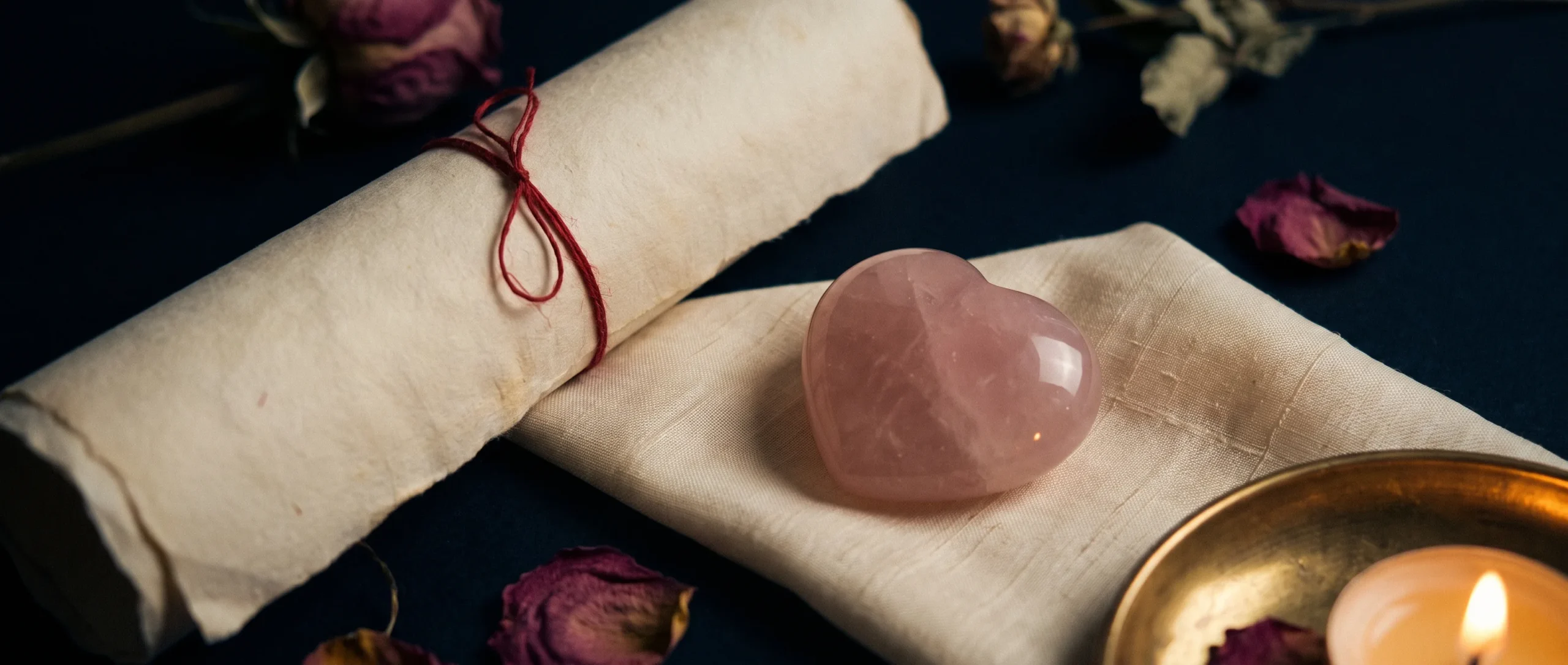 A rose quartz heart and a folded paper on ivory silk, joined by a loose red thread, glowing pink in candlelight.