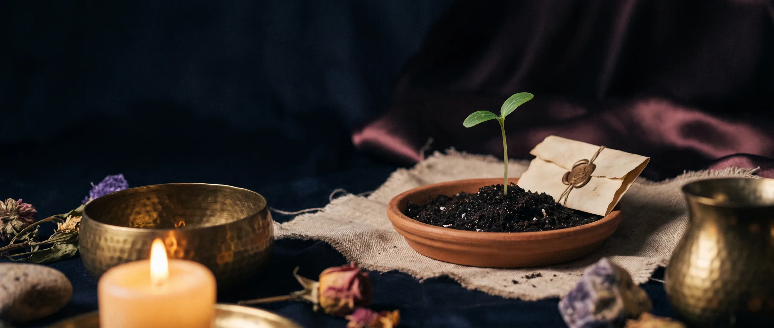 A green seedling sprouting from dark soil in a clay dish, a folded intention note beside it, lit by warm candlelight.