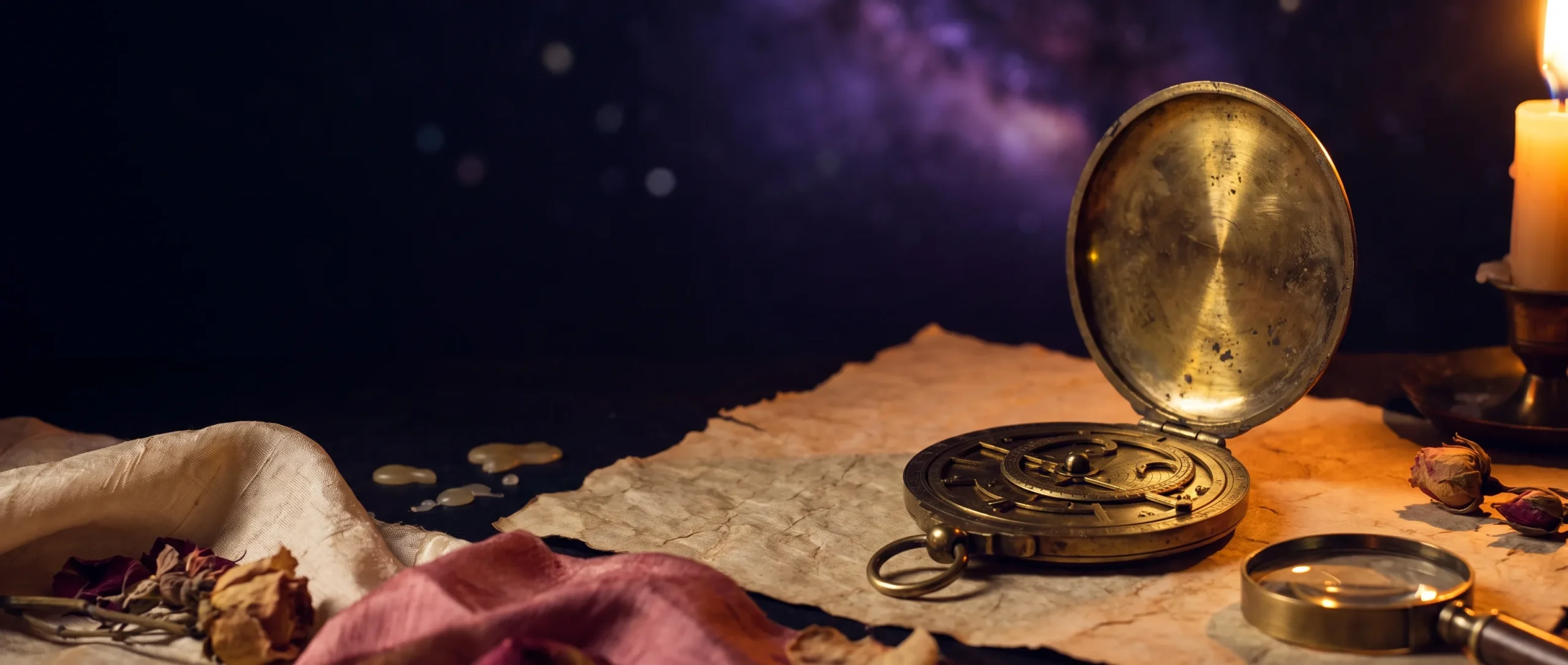 An open brass astrolabe on aged parchment, its rings lit by candlelight, against a starry purple-dark background.
