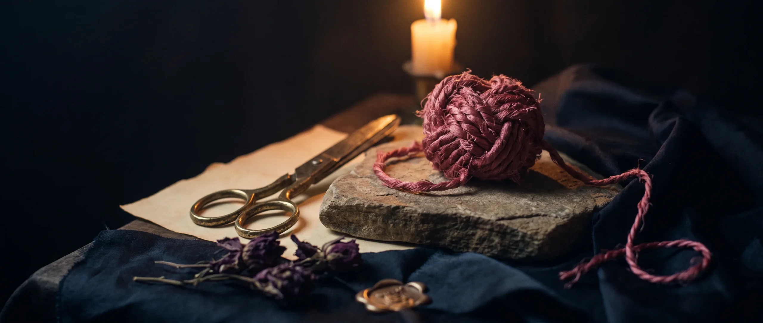 - A frayed red cord in a dense knot, half-lit against black, with closed brass scissors resting beside it.