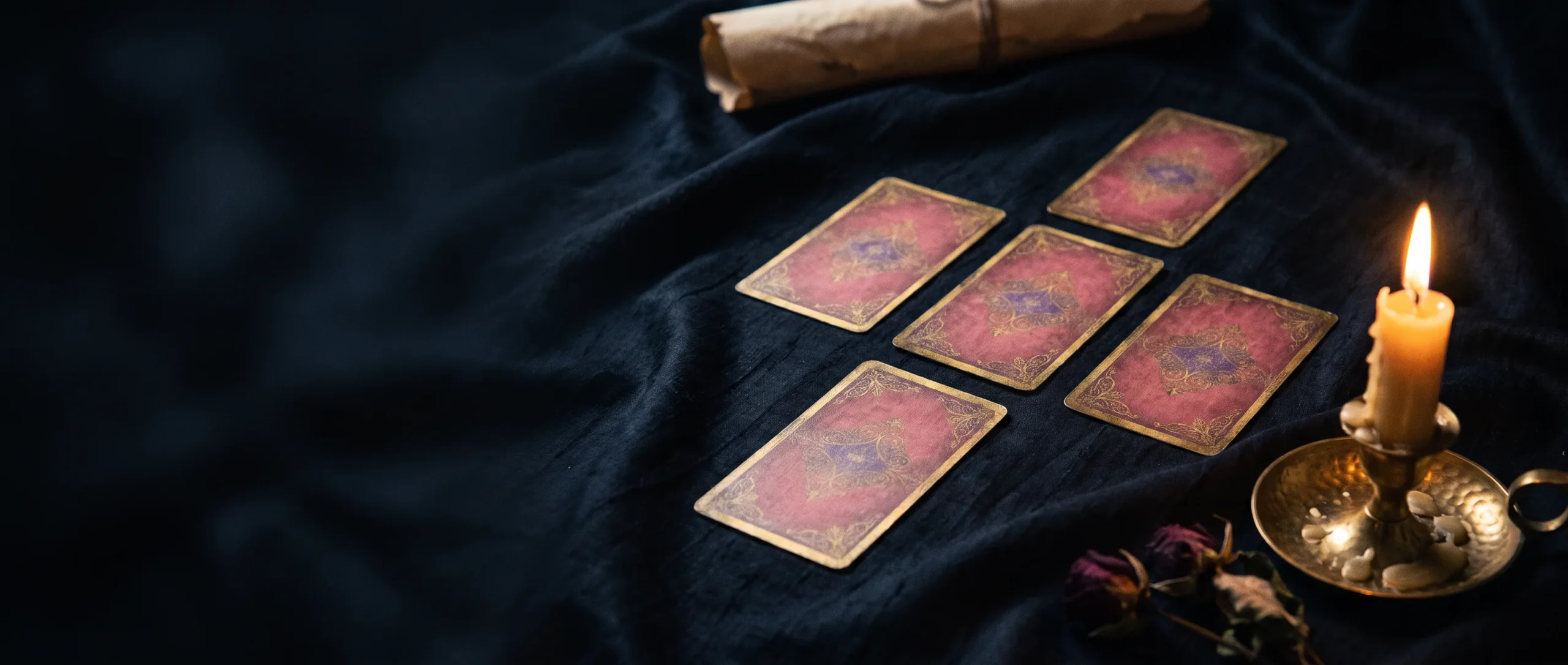 Five gilded-edge tarot cards face-down in a cross layout on dark cloth, lit by a single candle.