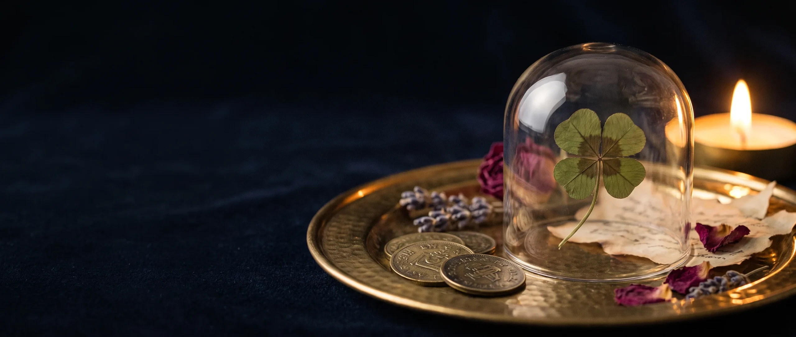 A pressed four-leaf clover under a glass dome on a gilded tray, with a spill of brass coins beside it, on dark velvet.