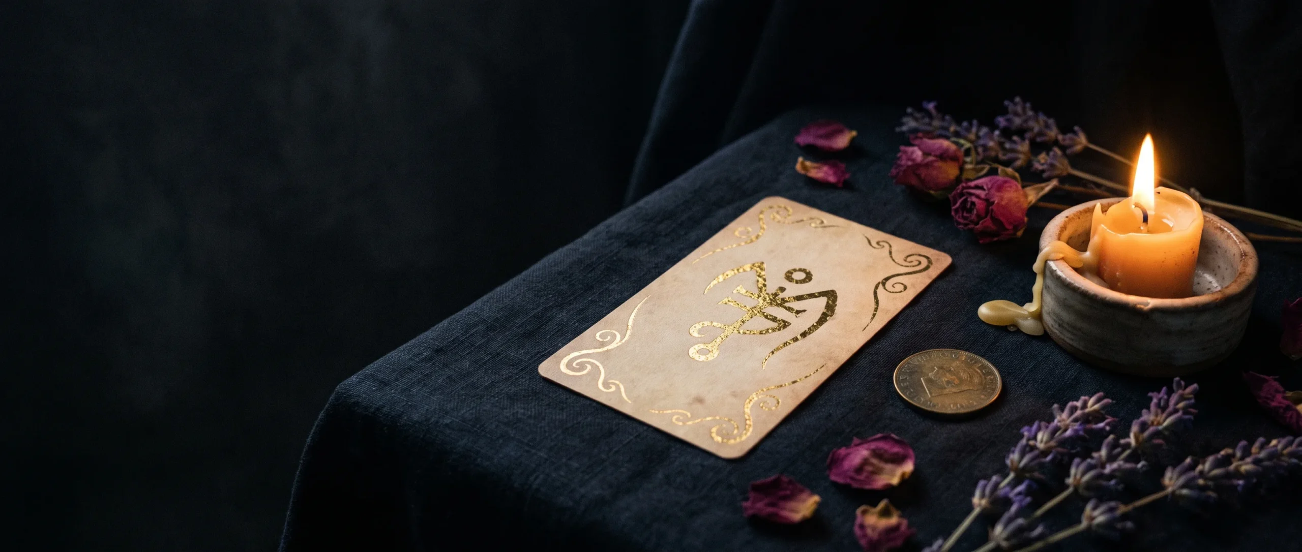 A phone-sized card face-down on dark linen showing an abstract gold sigil, with a brass coin and a candle beside it.