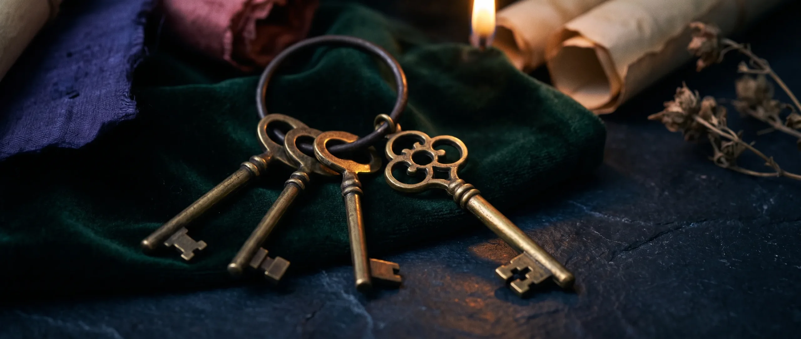 - Five different antique brass keys on one ring, laid on dark velvet, one key lit gold and pulled forward.