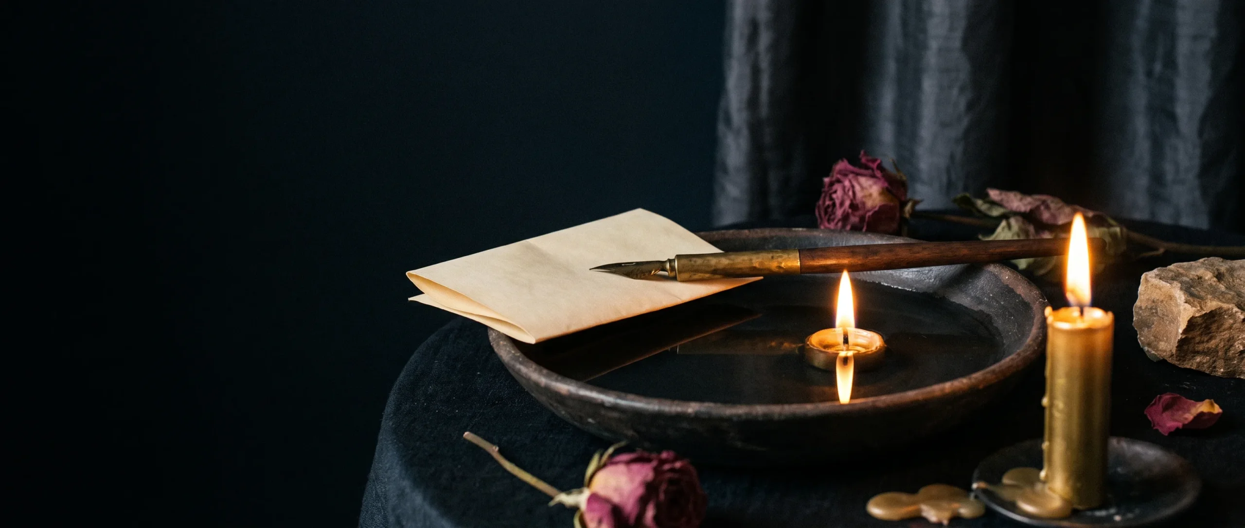 A dark bowl of still water reflecting one candle flame, with a folded paper and a dip pen on the rim, in near-darkness.