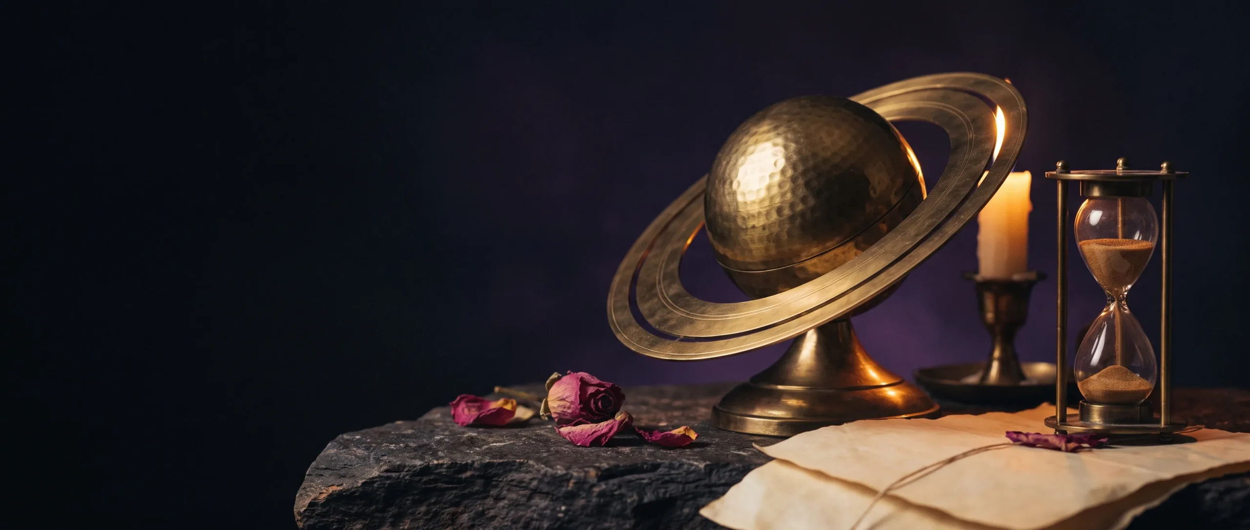 A brass model of ringed Saturn on dark stone, its ring lit gold, with a half-run hourglass beside it.