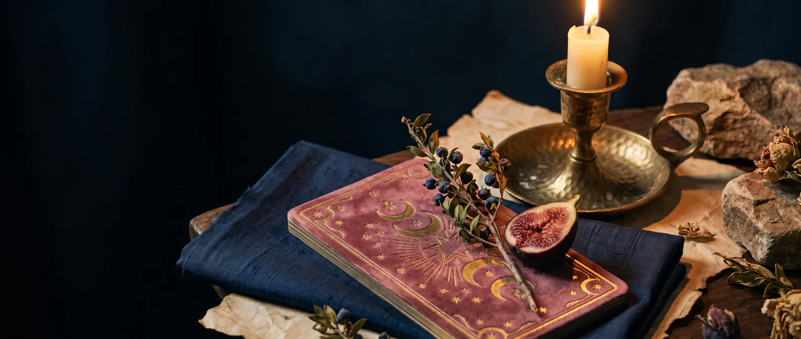 - A single large tarot card face-down with an ornate gold border, a sprig of myrtle and a halved fig across it, in candlelight.