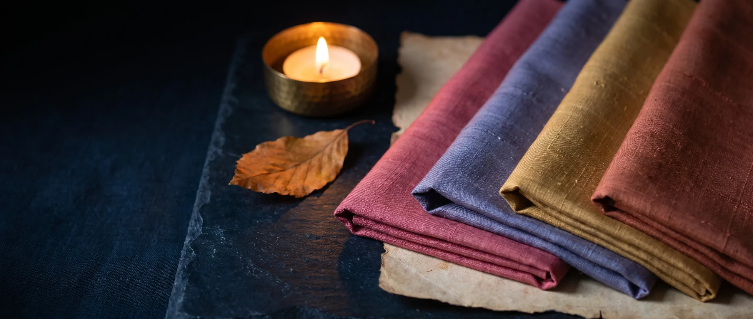 - Four folded silk swatches in coral, dusty blue, terracotta and emerald fanned on dark paper with a pressed leaf and a candle.