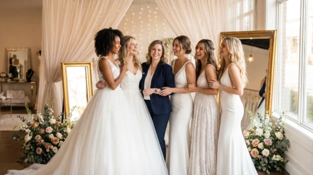 Brown‑haired bridal consultant stands smiling at the center of a diverse group of joyful brides in wedding dresses inside a bright salon, symbolizing a successful supportive bride community.