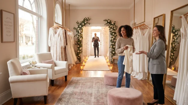 Young woman (20–23) smiles in an elegant bridal salon as a consultant gestures toward a softly lit aisle and doorway where a groom silhouette awaits — a visual metaphor for the start of her wedding journey